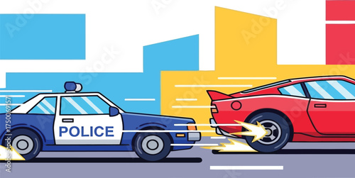 Police car chasing a red sports car in a city with colorful buildings isolated on white background