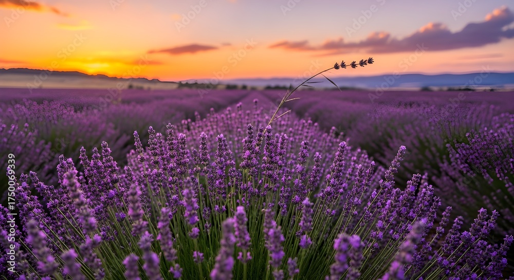 Fototapeta premium Golden Sunset Over a Blooming Lavender Field