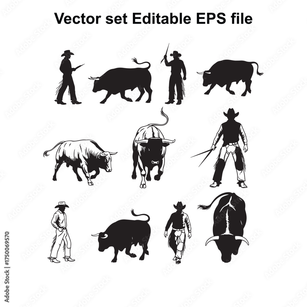 Obraz premium Vector art of collection of cowboy and bull silhouettes in action poses, , depicting ranching and rodeo scenes with dynamic movement and bold graphic style