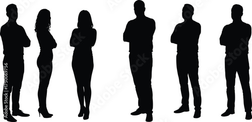 Silhouette group of diverse people standing together, arms crossed, teamwork concept, unity, business collaboration, leadership, equality, diversity, anonymous figures