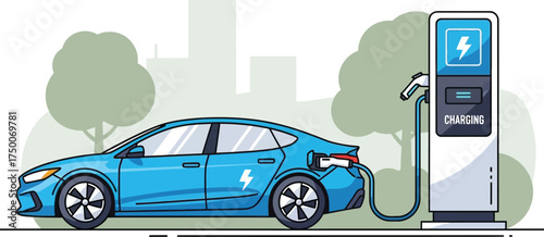 Electric car charging at station with city background, showcasing ecofriendly transportation and sustainable energy