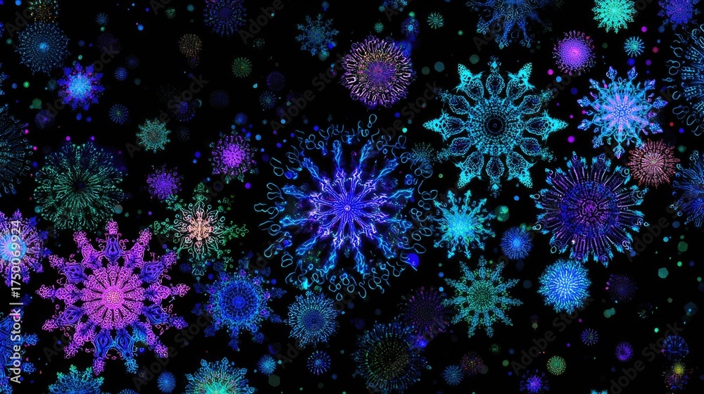 Fototapeta premium Vivid abstract snowflakes and flowers