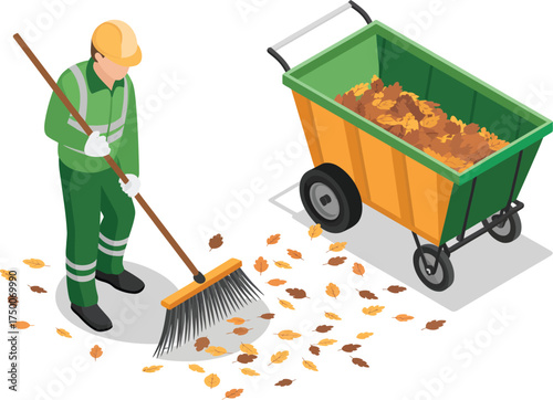 Isometric street cleaner sweeping leaves in autumn with cart vector graphic