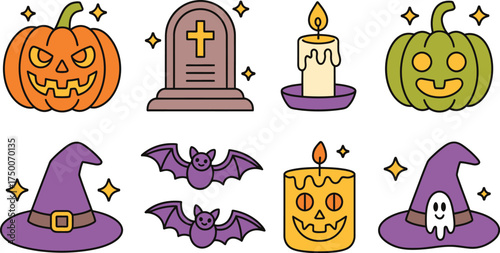 Set of 8 Halloween icons vector with pumpkins, witch hats, bats, candles, and tombstone