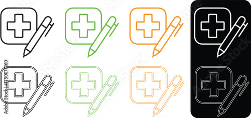 Medical report icon illustration in clean line design. Features health report, diagnostic report, patient file, clinical document, test result, and health record on a white background. Perfect for med