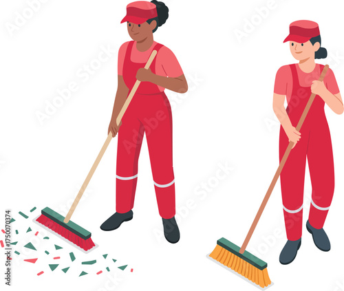 Cleaning service workers sweeping floor vector illustration for cleaning company