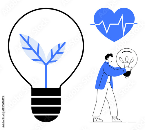 Lightbulb with sprouting leaves, heart with heartbeat line, man holding lightbulb. Ideal for sustainability, green technology, innovation, health, energy efficiency, wellness and growth concepts