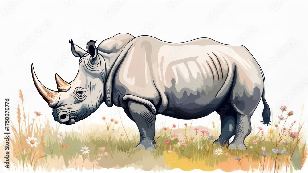 Obraz premium A stylized depiction of a rhinoceros standing in a field of wildflowers, rendered in soft colors