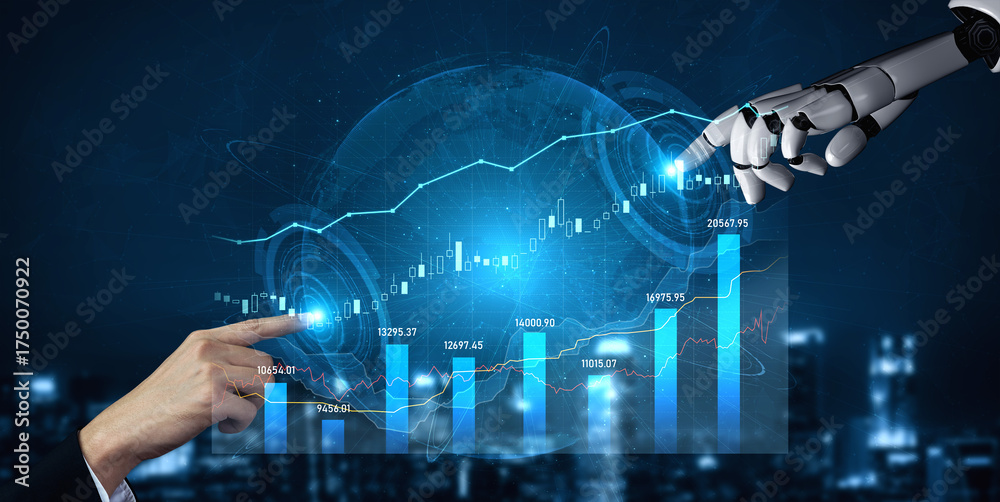 Obraz premium A robotic arm interacts with financial data on a digital screen, showcasing graphs and charts. It symbolizes innovation in data analysis and automation in business environments. Scalp
