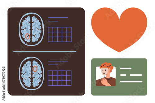Brain MRI scans paired with grid data, ID card with human portrait, and heart symbol. Ideal for brain health, neuroscience, identity, diagnostics, emotion, healthcare simple flat design metaphor
