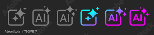 A set of six gray and colored Generative AI icons with a star and a square frame on a dark background. The concept of machine learning. Vector EPS 10.