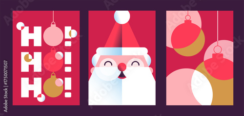 christmas greeting card poster banner set with santa claus ho ho ho text and festive ornaments in red and gold