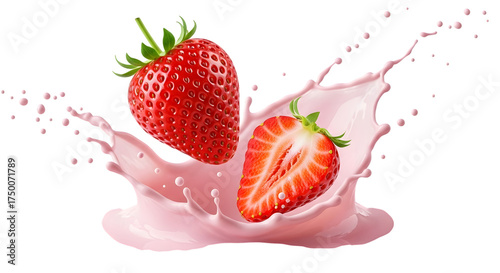 Fresh strawberries splashing in pink cream isolated on transparent background