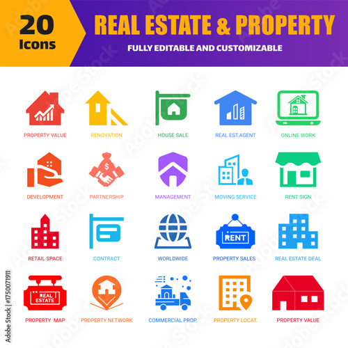 Real Estate and Property Icons Set – 20 Editable Vector Housing, Rent, and Sale Symbols