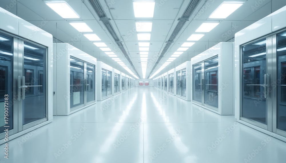 Fototapeta premium Long, empty, bright cleanroom facility corridor. Many sterile rooms with glass doors line white hallway. Bright fluorescent lights illuminate modern high-tech laboratory production area. Advanced