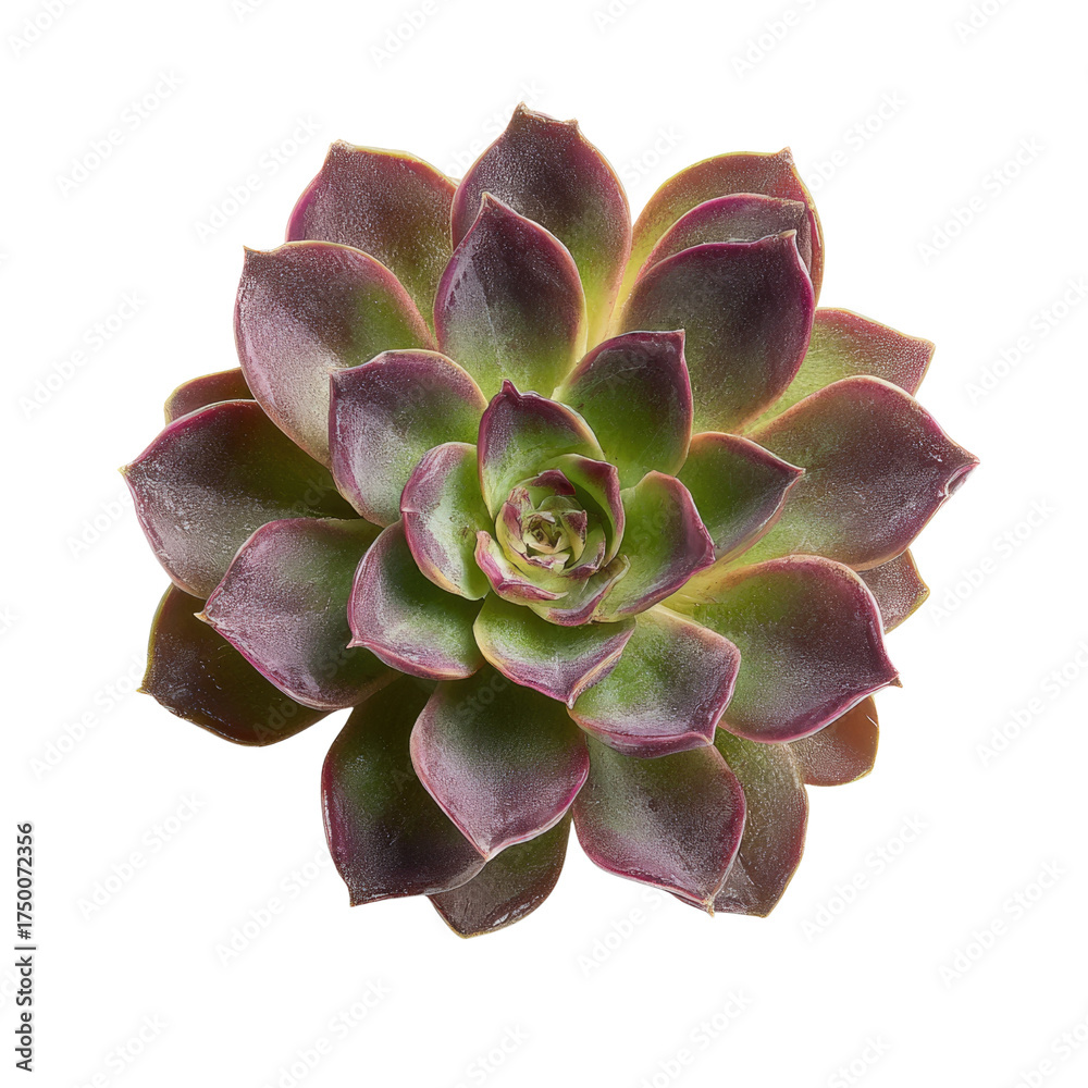 Fototapeta premium Vibrant green and deep purple succulent, possibly Echeveria or Aeonium, displaying a perfect rosette formation against a stark transparent background. background removed