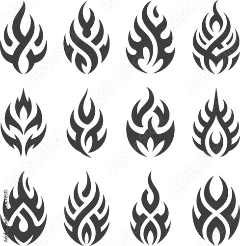 Collection of tribal fire flame vector design elements tattoo art illustration