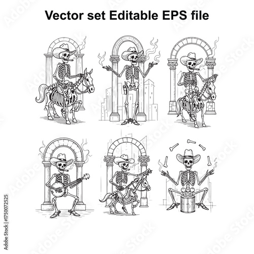 Vector art of skeleton cowboys playing music and riding horses in a western town, vector set