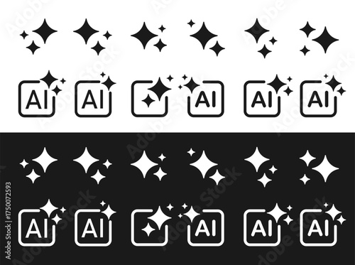 A set of Generative AI icons with a star and a square frame on a white and black background. The concept of machine learning. Vector EPS 10.
