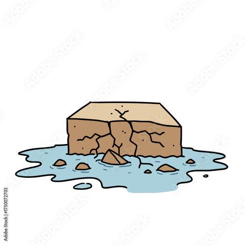 Cracked block of earth with water puddle underneath, desert concept, dry landscape, arid conditions, copy space