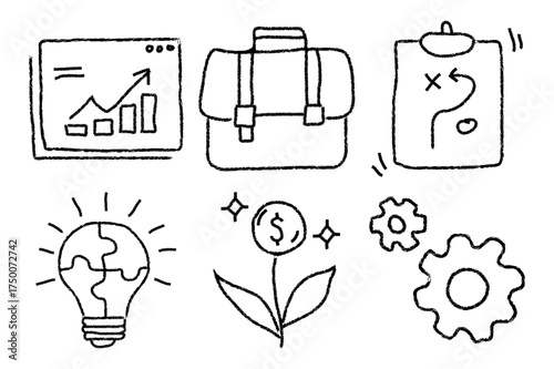 Hand Drawn Business Idea and Startup Icon Set. Doodle Sketch Line Style Strategy Vector Illustration on White Background