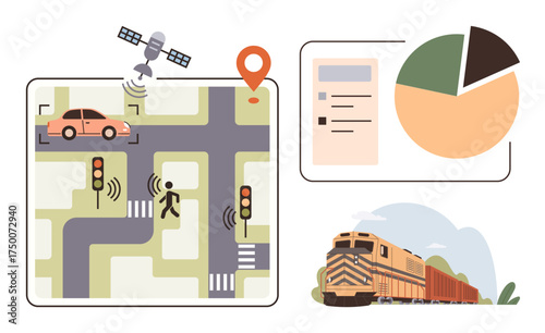 Car at crossroads, traffic lights, pedestrian, GPS satellite, location pin, pie chart, freight train. Ideal for navigation transport logistics technology safety data analysis innovation. Simple