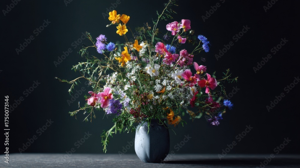 custom made wallpaper toronto digitalA vibrant bouquet of wildflowers in a vase, but no bees around, silence and emptiness, subtle symbolism