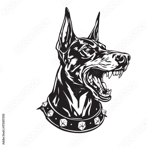 Aggressive Doberman Silhouette Vector — Black and White Illustration of Snarling Dog with Spiked Collar and Fierce Expression