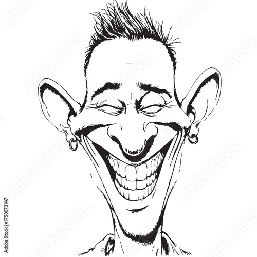 Smiling Caricature Vector — Black and White Illustration of Person with Exaggerated Facial Features, Earrings, and Expressive Style
