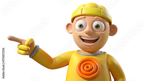 3d render funny cartoon character spiral hand in yellow sleeve finger pointing left