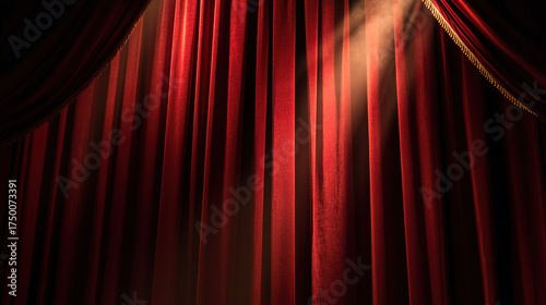 Dramatic red velvet theater curtains with golden details, illuminated by a spotlight.