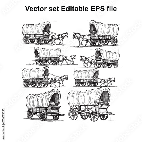 Vector art of covered wagons pulled by horses in a western landscape, vector set