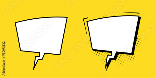 A set of retro comic book style speech bubbles on a yellow background. Rectangular speech bubbles or elements of cartoon design, comics. Vector illustration.