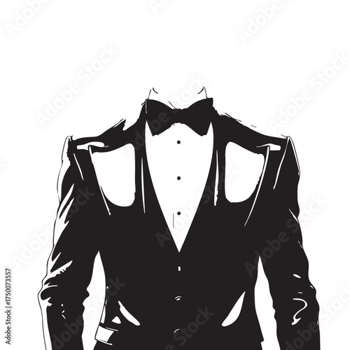 Formal Tuxedo Silhouette Vector — Black and White Illustration of Bow Tie, Vest, and Jacket with Abstract Headless Design