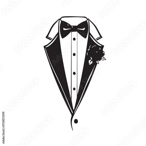 Formal Tuxedo Vector — Black and White Illustration of Suit with Bow Tie, Lapels, Dress Shirt, and Boutonnière Flower Accent