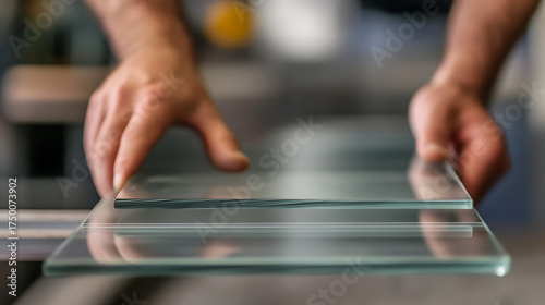 Glassmaker stacking glass sheets. Skilled craftsmanship in action. Precision and care for pristine materials. Crafting excellence, one sheet at a time.