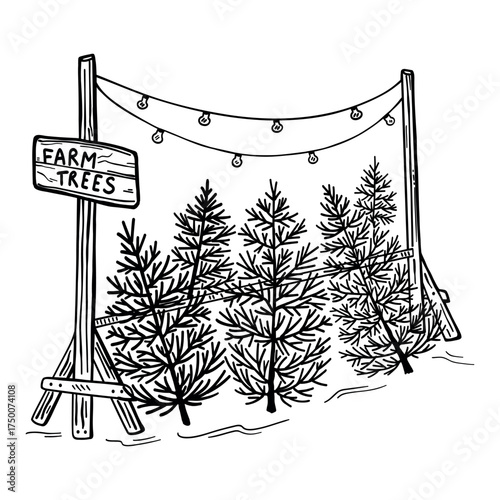 Whimsical black-and-white doodle illustration of a Christmas tree market. Trees for sale, “FarmTrees” sign, fairy lights. Hand-drawn, festive, charming scene for holiday design.
