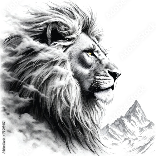 Majestic Lion in Clouds Vector — Black and White Wildlife Illustration with Flowing Mane, Mountain Peaks, and Regal Expression
