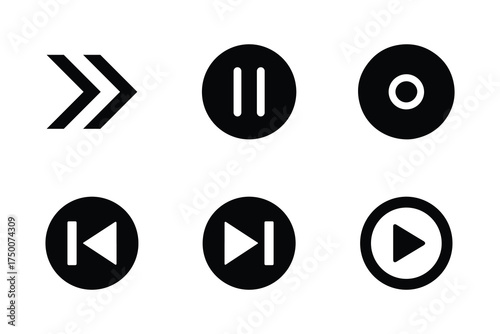 Black media player control icons set isolated on white background