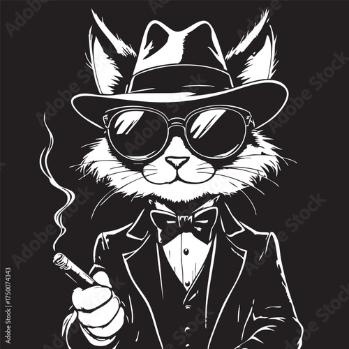Gangster Cat Vector — Black and White Illustration of Stylish Feline in Fedora, Sunglasses, Suit, and Cigar with Noir Attitude