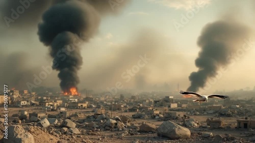 War-Torn Cityscape - A Birds Flight Amidst Destruction and Smoke.