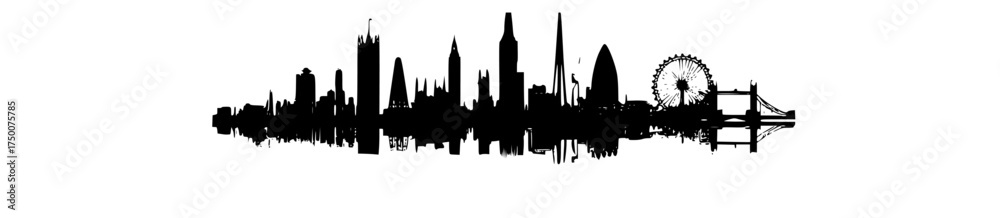 Fototapeta premium a black and white silhouette of a city skyline with reflectionsblack, building, city, city skyline, city view, illustration, landmark, reflection, skyline, water, world 