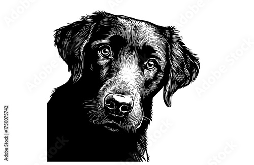 a black and white drawing of a dog's headblack, dog, head, portrait, stare, white 