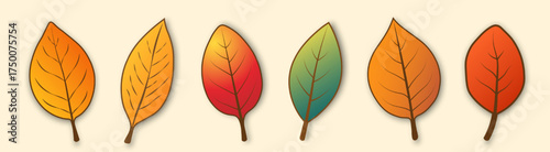 A set of six autumn leaves of different shapes and colors on a beige background. A collection of colorful autumn leaves from different trees. Vector EPS 10.