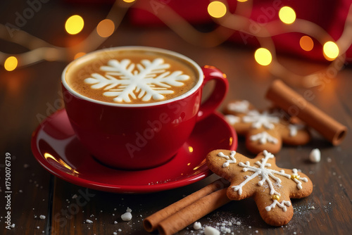 Cappuccino cup with snowflake art. Hot winter coffee in red cup. Christmas drink on cozy table.