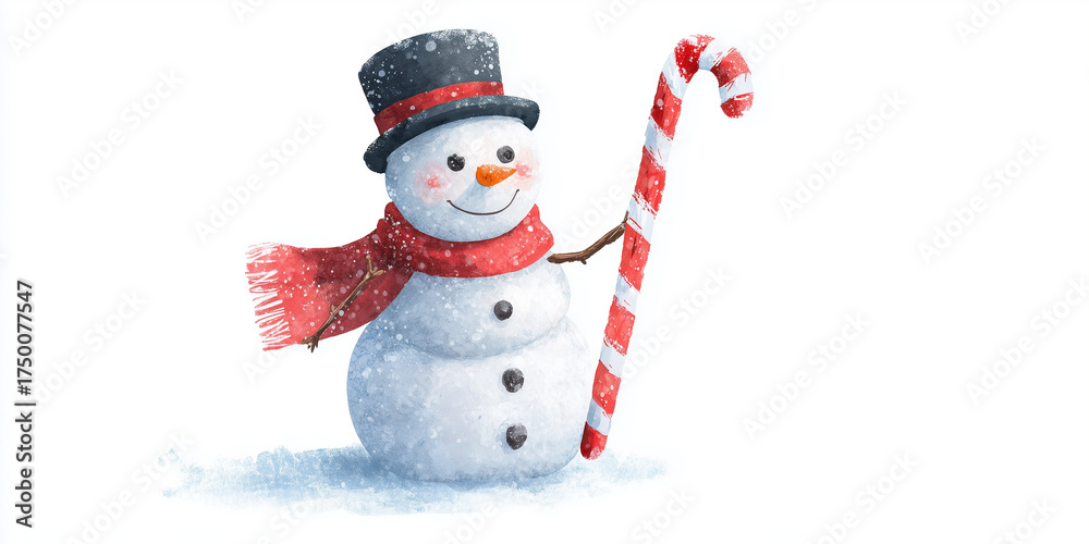 Fototapeta premium Snowman holding a candy cane while smiling in a snowy scene