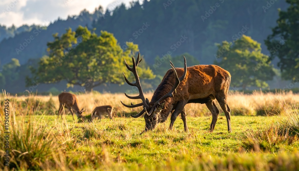 Fototapeta premium Deer Grazing in a Meadow.