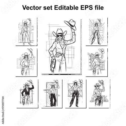 Vector art of a collection of diverse cowboy and cowgirl characters in various poses and outfits, showcasing western style and attire, perfect for design and illustration projects