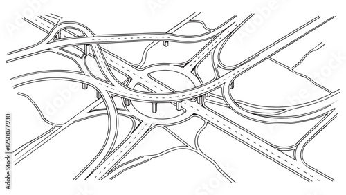 Complex Highway Interchange Road Network Line Art Diagram
