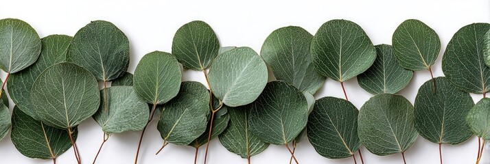 Green eucalyptus leaves on white background, arranged horizontally. Round foliage with stems